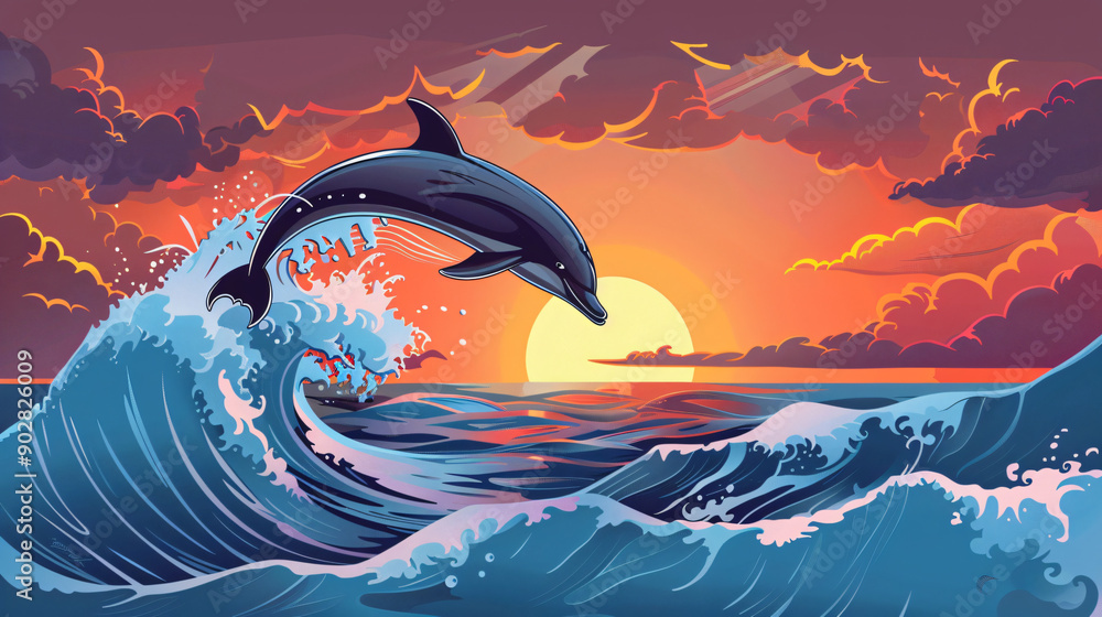 Poster illustration of a playful dolphin leaping over a crashing wave with a beautiful sunset in the backgr