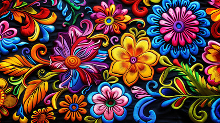 Fototapeta premium Vibrant Embroidered Flowers and Patterns on Dark Fabric Background in Traditional Andean Art, Highlighting the Colorful Peruvian Textile Embroidery. Detailed High Resolution Image Showcasing the Intri