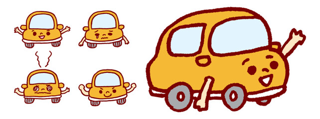 黄色で小さくかわいく丸っこい自動車のキャラ素材