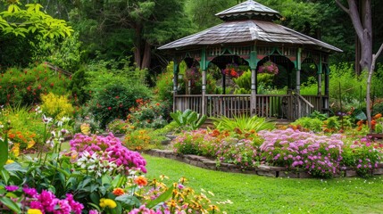 A garden house with a charming gazebo in the garden, surrounded by colorful flowers.