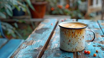 Cozy vintage enamel mug filled with hot coffee on rustic wooden picnic table charming autumn or winter scene
