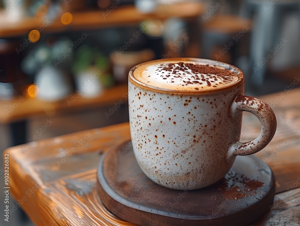 Poster cozy cappuccino with cocoa dusting on a cafe counter