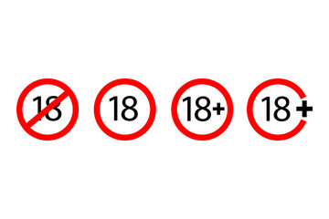 Age restriction icons. Red and black. 18 and 18 symbols. Vector illustration.