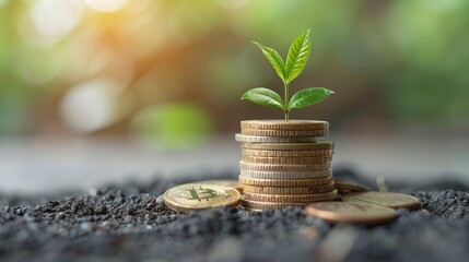 Plant growing on stack of coins with bitcoin for sustainable finance and cryptocurrency investment