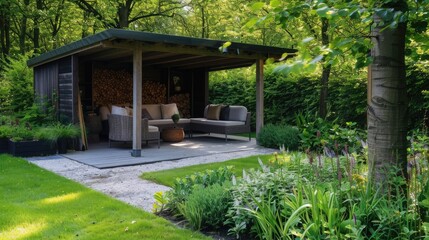A garden house with a cozy outdoor sofa set in the garden, perfect for relaxation.