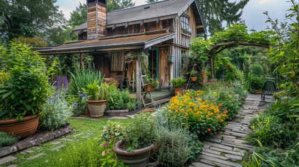 A garden house with a lush herb garden, showcasing a variety of culinary herbs.