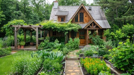 A garden house with a lush herb garden, showcasing a variety of culinary herbs.