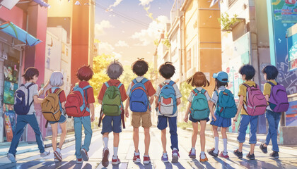 Obraz premium A group of children with backpacks going to school