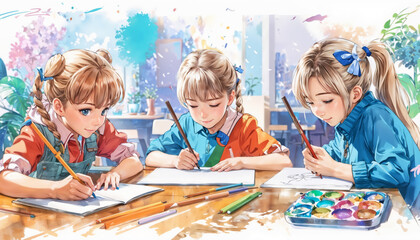 Fototapeta premium A few little girls painting with watercolors with the teacher