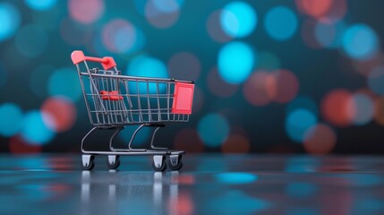 A small shopping cart against a bokeh background, symbolizing online shopping, e-commerce, and retail experiences.