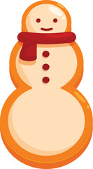 Snowman shaped christmas cookie wearing red scarf smiling happily