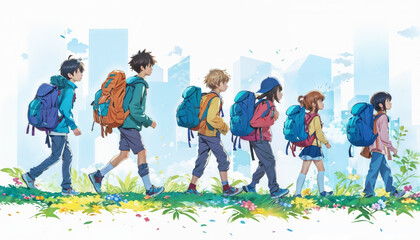 Fototapeta premium A group of students are going to school with backpacks