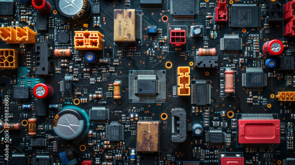 Poster detailed close-up of an electronic circuit board showcasing various components and intricate connect