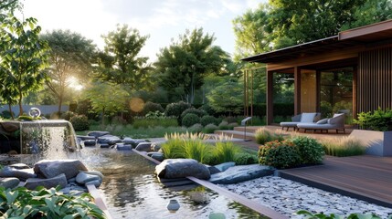 A garden house with a tranquil water feature in the garden, adding to the peaceful ambiance.