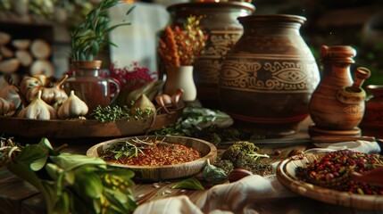 Close up view of traditional Slavic herbal remedies arranged with natural herbs and local ingredients in a rustic kitchen environment