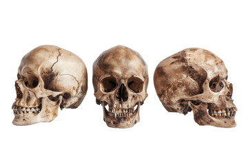 Three human skulls displayed from various perspectives on a clean white backdrop, highlighting intricate details and textures