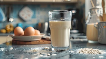 A glass of milk on a kitchen counter with a backdrop of baking ingredients.