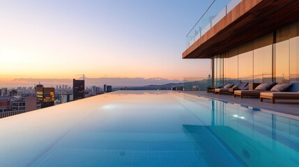 Fototapeta premium Tranquil Sunset Oasis: Rooftop Hotel Pool Overlooking City Skyline with Lounge Chairs and Ambient Lighting