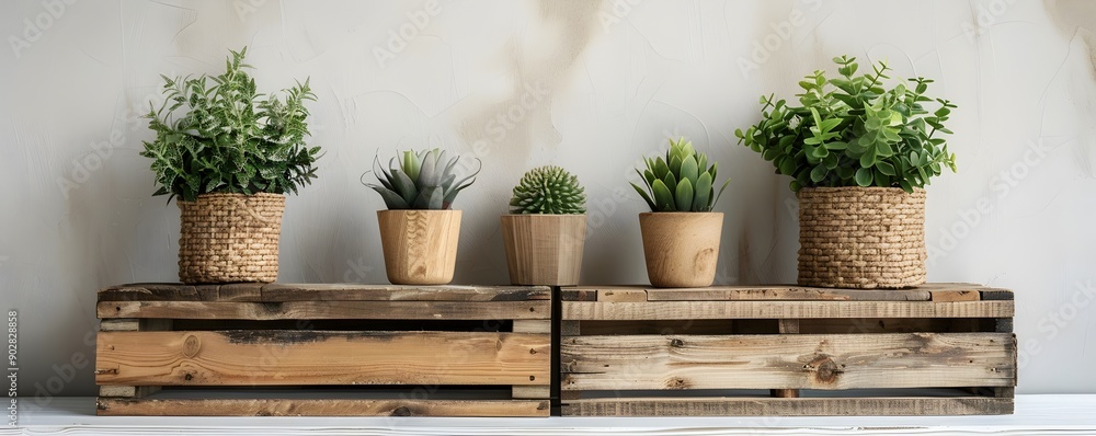Aufkleber rustic wooden crate display with charming potted plants on soft white background for product present
