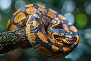 Fototapeta premium Powerful Python Coiled Around Tree Branch Displaying Strength and Adaptability
