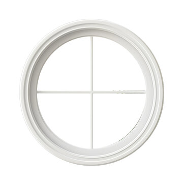A round white-framed window mockup displays a clean and minimalistic design suitable for various interior styles