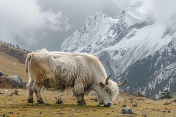 Fototapeta premium Majestic Yak Grazing in Snowy Mountain Enclosure, Showcasing Cold Climate Adaptation