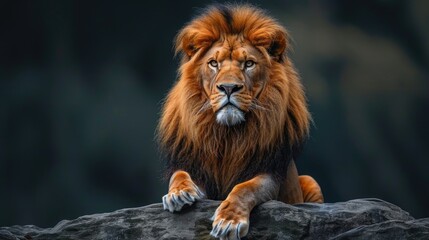 Obraz premium Majestic Lion Resting on Rock with Piercing Eyes and Lush Mane in Close-up View