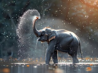 Playful Elephant Spraying Water with Trunk in a Joyful Display of Behavior