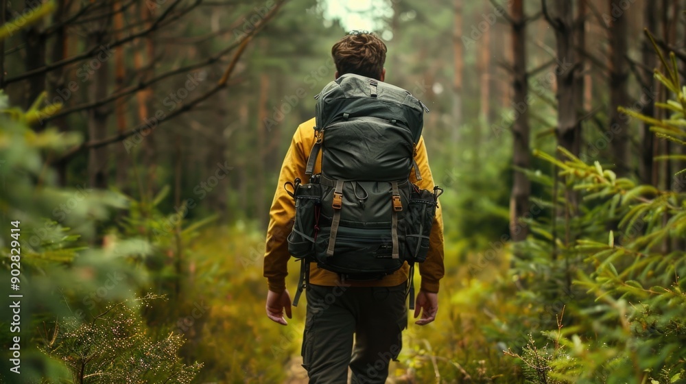 Poster man hiking on a forest path with a backpack deep depth of field creating a sense of solitude and in 