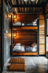 A room with a bunk bed and a wooden floor. The room has a cozy and rustic atmosphere
