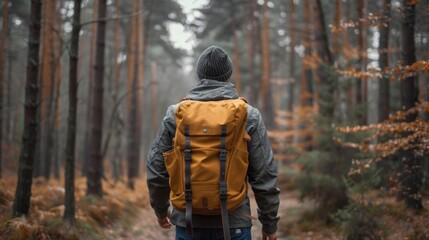 A man hiking on a forest trail carrying a backpack and surrounded by a moody atmospheric autumn landscape with vibrant foliage deep depth of field and a sense of tranquility and adventure