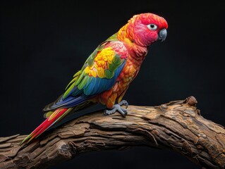 Obraz premium Brilliant Parrot: Majestic Bird with Vibrant Feather Display on Perch showcasing Intelligence and Colorful Plumage