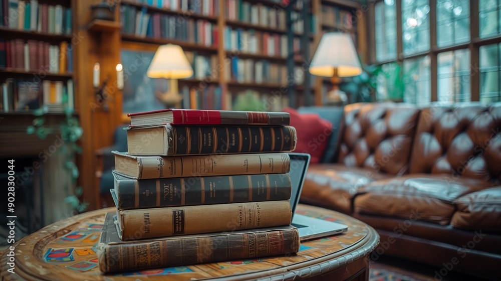 Aufkleber a stack of textbooks rests on a wooden table with a laptop on top. the table is in a library with a 