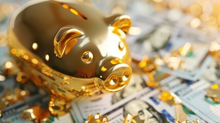 Golden piggy bank on a bed of US dollar bills.