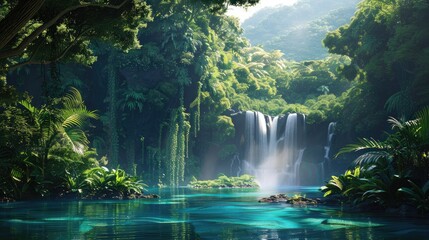 A lagoon with a beautiful waterfall cascading into it, surrounded by dense jungle.