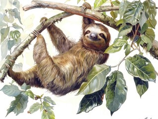 Fototapeta premium Peaceful Sloth Hanging from Branch, Exemplifying a Slow and Relaxed Lifestyle