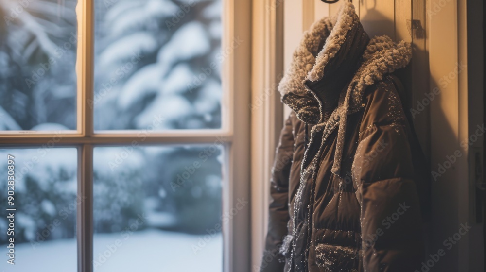 Wall mural A cozy winter jacket hanging on a hook by the door