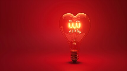 light bulb with glowing heart shape inside on red background, concept of love and romance, copy and text space, 16:9