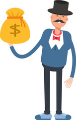 Gentleman in Top Hat Character Holding Dollar Sack
