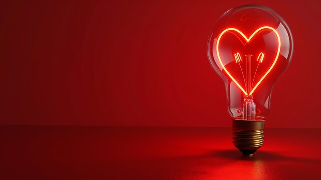 light bulb with glowing heart shape inside on red background, concept of love and romance, copy and text space, 16:9