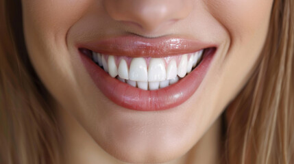 Obraz premium Close-up image of a woman's bright, healthy smile, emphasizing dental care and the joy of a beautiful smile.