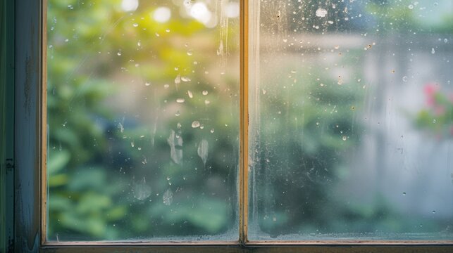 Close-up of a dusty window glass with visible fingerprints and a hazy view of the outside