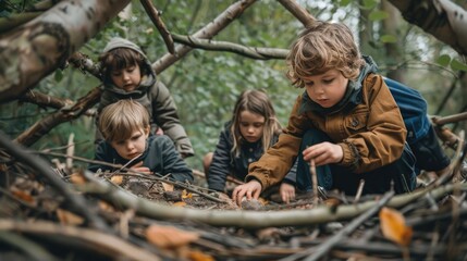 Curious children working together to build a rustic natural fort using branches leaves and other materials found in the lush forested park setting  The scene captures a joyful