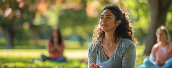 Woman Guiding a Group of People Through Pilates Exercises in a Tranquil Park Setting with Lush Greenery and Deep Depth of Field