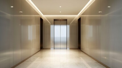 Elegant Hotel Elevator with Mirrored Walls and Soft Lighting