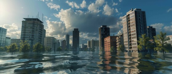 A city is flooded with water, and the sky is cloudy