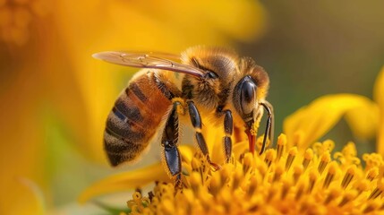 A macro shot of a honeybee collecting nectar from a bright sunflower.