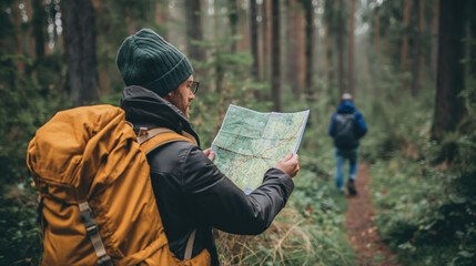Fototapeta premium Man in forest studies map while hiking with companion, both wearing backpacks, surrounded by tall trees and greenery.