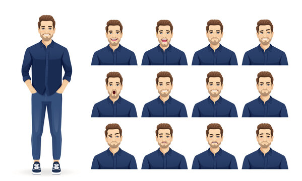 Set of young handsome man wearing blue shirt and jeans with different facial expressions vector illustration isolated