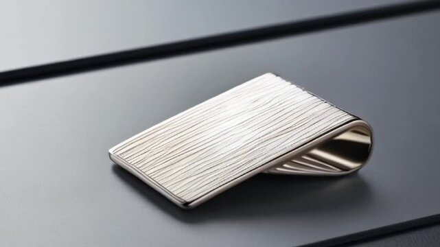 A silver-plated money clip with a subtle texture, placed on a sleek surface